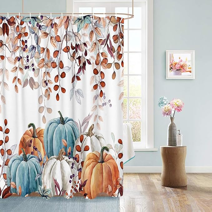Fall Thanksgiving Shower Curtain, Watercolor Autumn Pumpkins Eucalyptus Leaves Shower Curtains Set with Hooks, Blue Orange Waterproof FabricBathroom Decor Home Accessories, 60 X 72 Inch Long