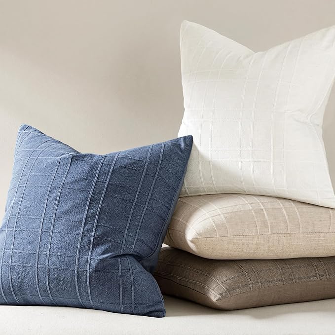 MIULEE Decorative Linen Check Throw Pillow Covers Neutral Farmhouse Vintage Pillow Covers 20x20 Set of 2 Boho Modern Home Decor for Sofa Couch Bedroom Cushion Blue