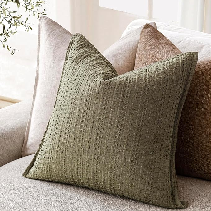 Foindtower Set of 2 Decorative Cotton Waffle Weave Throw Pillow Covers Euro Shams Cushion Covers Accent European Pillowcase for Bed Couch Sofa Bedroom Living Room Home Decor 26×26 Inch Olive Green