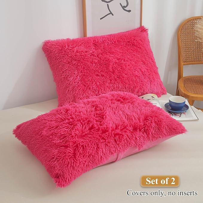 XeGe Faux Fur Fluffy Pillow Cases, Soft Plush Shaggy Furry Hot Pink Pillowcases, Velvet Fuzzy Decorative Throw Pillow Covers for Bed Couch, Zipper Closure, Set of 2(King Size, Hot Pink)