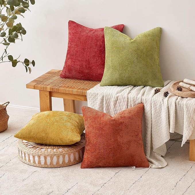 MIULEE Pack of 4 Fall Burnt Orange Couch Throw Pillow Covers 18x18 Inch Yellow Green Soft Decorative Chenille Pillows Farmhouse Accent Cushions for Boho Home Decor Spring Sofa Bedroom Living Room