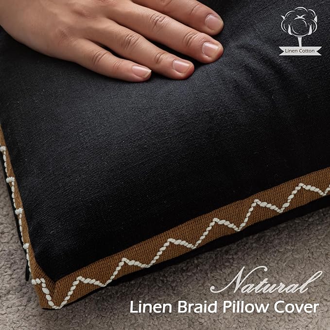 Decorative Neutral Linen Throw Pillow Covers 20x20 Inch Set of 2, Black Boho Farmhouse Pillow Covers with Braid Fringe for Sofa Bed Modern Couch Pillow Cases for Organic Home Decor