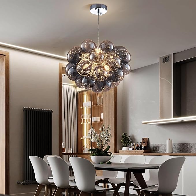 Longree Bubble Ball Chandelier Smoked Black, Dia 20 inch Oval Bubble Glass Pendant Light Fixture for Bedroom Study Bathroom
