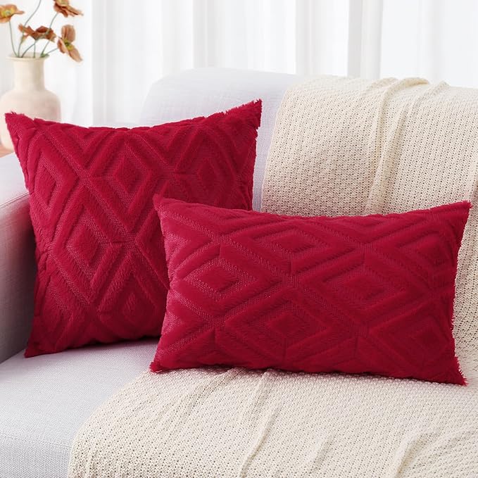 decorUhome Christmas Couch Throw Pillow Covers 12x20 Set of 2, Decorative Soft Plush Faux Wool Lumbar Neutral Accent Pillow Covers for Bed Sofa Living Room, Red