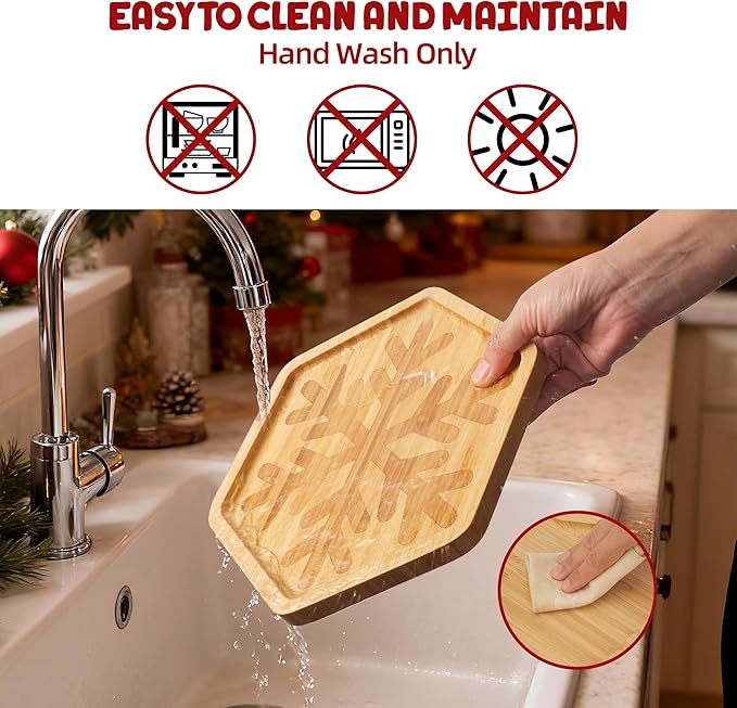 TJ POP Christmas Hexagonal Bamboo Serving Tray with Laser-Carved Snowflake Design - Natural Wooden Food Tray Serving Platter for Holiday Snacks, Drinks, Festive Kitchen Dining Decor (10” x 9”)