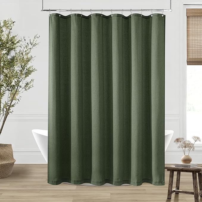 Olive Green Extra Long Linen 84 Inch Shower Curtain Bath Shower Curtain Set 84 Inch Long with Hooks XLong Tall Farmhouse Country Dark Green Boho Drapes for Bathroom, 72x84 Drapes