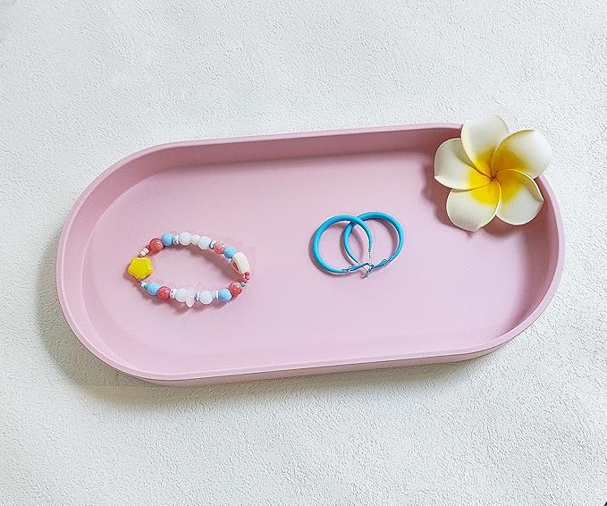 Pink Small Tray (11.8 inch), Oval Tray for Kitchen Counter, Bathtub Bathroom Vanity Items, Countertop Organizer, Coffee Accessory, Bar, Serving Seasoning, Salt and Pepper, Soap, Perfume.