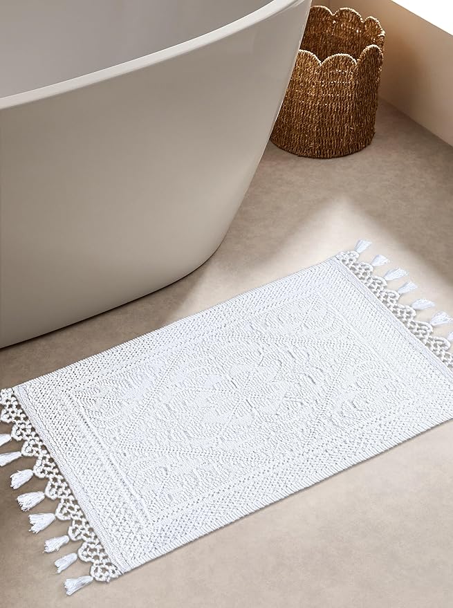 Savi Home Cotton Woven Jacquard Bathroom Rug Set of 2, Woven Fringe Bathroom Mats, 100% Cotton, Non - Slip Bath Mat, Durable Thick Bath Mat 17”x30”& 20"x38" with Fringes, White