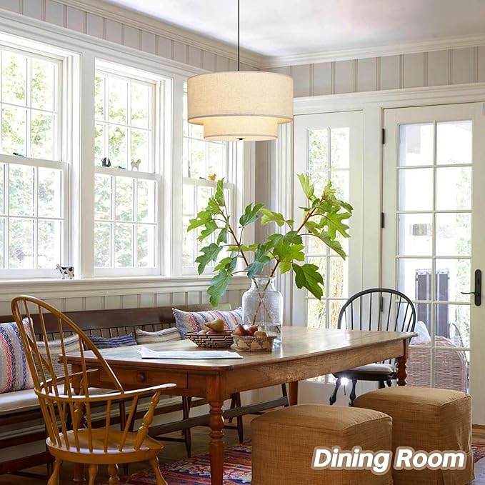 18" Modern Double Drum Fabric Pendant Light, Large Hanging Ceiling Chandelier Fixture with Dual Layer Fabric Shade, Ideal for Dining Room, Living Room, Bedroom, and Kitchen