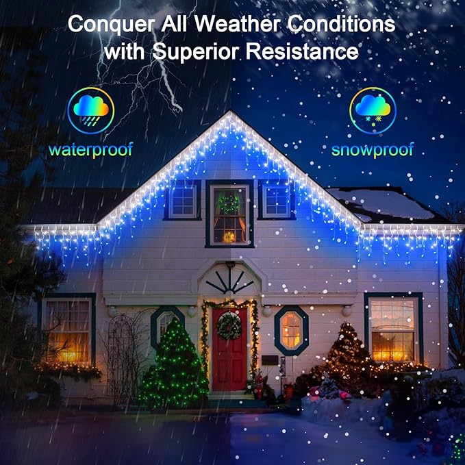 66FT 670 LED Christmas Lights 148 Ice Drops, 12 Modes and Timer Memory Dimmable, Plug In Outdoor Waterproof Hanging String Light for Holiday Wedding Garden Fence House Tree Outside Decor Blue & White