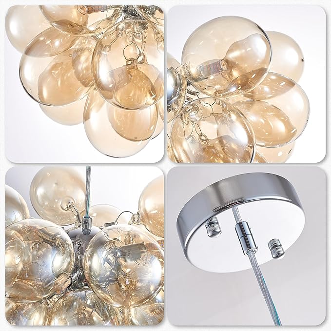 Longree Champagne Bubble Ball Chandelier, Dia 20 inch Blown Glass Cognac Glass Pendant Light Fixture for Bedroom Study Bathroom Foyer Entryway Lamp