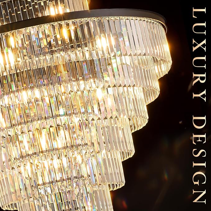 43.3" Large Crystal Chandeliers 28 Lights Black Modern Chandelier for Foyer Staircase High Ceiling 8 Tiers Round K9 Ceiling Pendant Lighting Fixture Luxury for Lobby Living Room