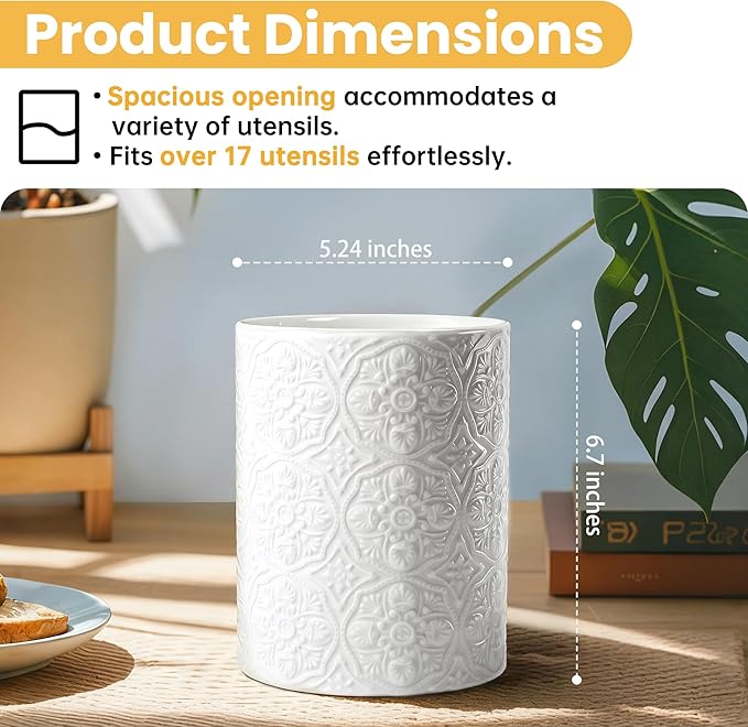 Ceramic Kitchen Utensil Holder for Countertop, Embossed Pattern Crock with Kiln-Fired Finish, Counter Organizer for Cooking Tools , White