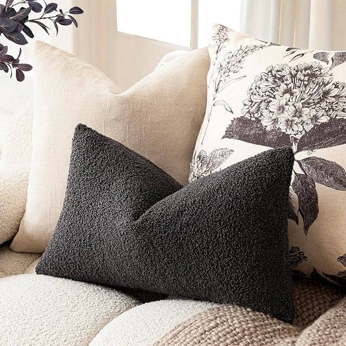 Foindtower Pack of 2, Curly Faux Fur Decorative Throw Pillow Covers Soft Neutral Plush Cushion Case with Zipper Cozy Pillowcase for Home Living Room Couch Bed Sofa 12 x 20 Inch,Dark Gray