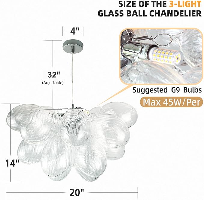 20 in. Bubble Ball Glass Chandelier Clear Swirled Ribbed Blown Glass Pendant Light Fixture for Bedroom Restaurant Dining Room Over Table