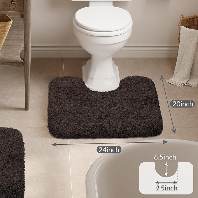 Walensee Contour Rug (20x24, Brown) Non Slip Bath Mat, Soft Microfiber Shaggy Mat, Machine Washable U Shape Toilet Rug