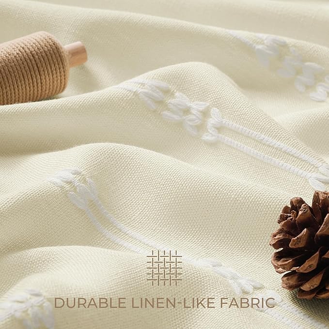 downluxe Linen Texture 3 in 1 Farmhouse Shower Curtain Set with Tassel, Boho Fabric Shower Curtains for Bathroom, Cream, 72W x 72L