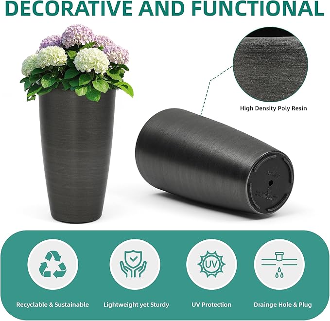 22.8" Resin Outdoor Planters (Set of 2) – Handmade Brushed Metal Finish Large Flower Pots, Durable & Weatherproof for Indoor/Outdoor Décor