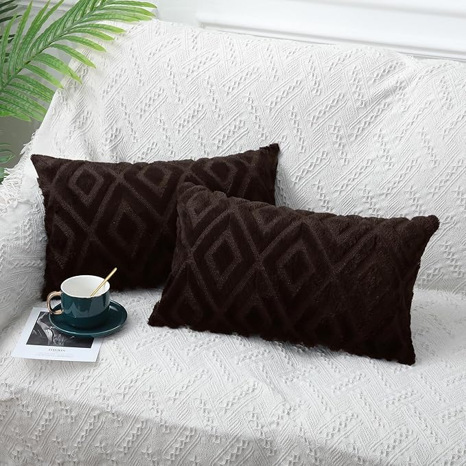 Pallene Brown Throw Pillow Covers 12x20 Set of 2, Soft Plush Faux Fur Decorative Lumbar Couch Pillow Covers for Sofa Bed Living Room Pillow Cases with 3D Diamond Pattern