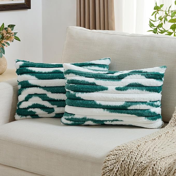 FUTEI Green Decorative Throw Pillow Covers 12x20 Inch Set of 2, Soft Tie-Dye Faux Rabbit Fur Striped Texture Pillow Case, Modern Home Decor for Couch Bed Living Room