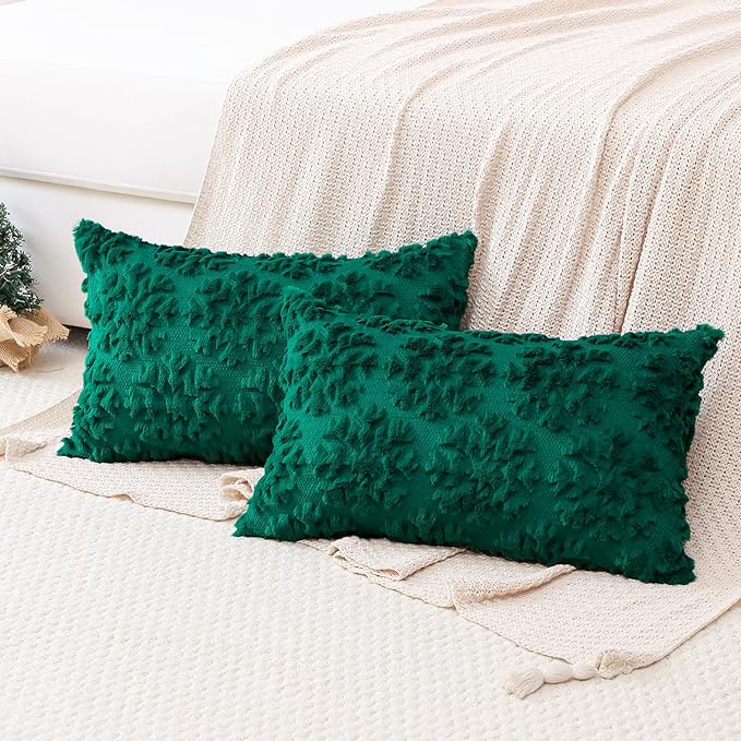 OTOSTAR Set of 2 Xmas Soft Plush Short Wool Velvet Decorative Throw Pillow Covers Rectangular Luxury Style Cushion Case Pillow Shell for Sofa Bedroom Snowflake Green, 16x24 Inch