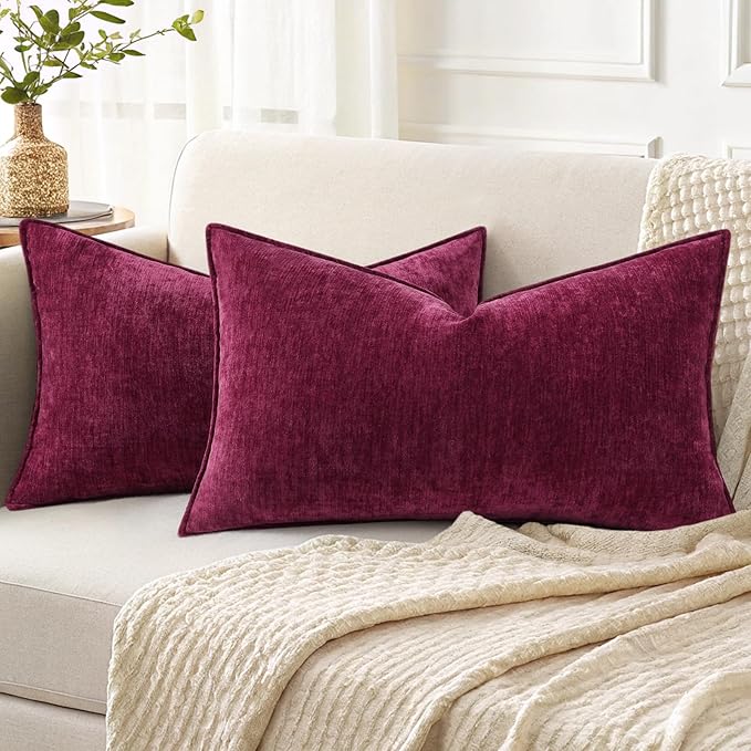 decorUhome Christmas Couch Throw Pillow Covers 12x20 Set of 2, Decorative Soft Euro Neutral Chenille Lumbar Pillow Covers with Elegant Design for Sofa Bed Living Room Home Decor, Rhododendron