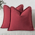 MIULEE Christmas Decorative Throw Pillow Covers Neutral Linen Fringe Throw Pillows Euro Shams Set of 2 Burgundy Boho Farmhouse Cushion Covers for Couch Sofa Bed Living Room Home Decor 24x24 Inch