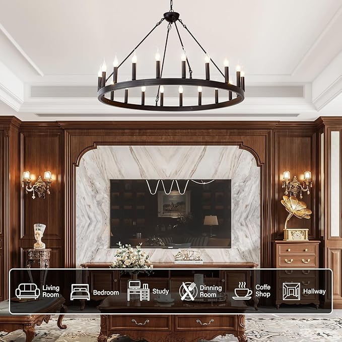 Black Wagon Wheel Chandelier 40 inch,20-Light Farmhouse Wagon Wheel Chandeliers Round Industrial Ceiling Light fixtures for Outdoor Porch high Ceilings Living Dining Room Foyer Entryway