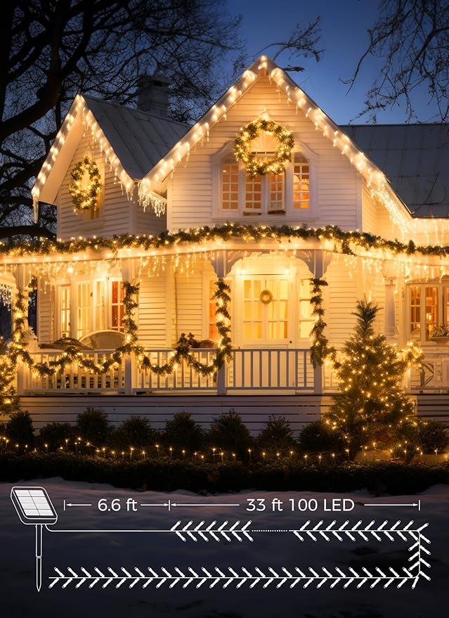 Solar String Lights Outdoor, 39FT 100LED Solar Powered Lights IP65 Waterproof with 8 Lighting Modes for Party Garden Yard Home Holiday Tree Decoration Lighting, Warm White