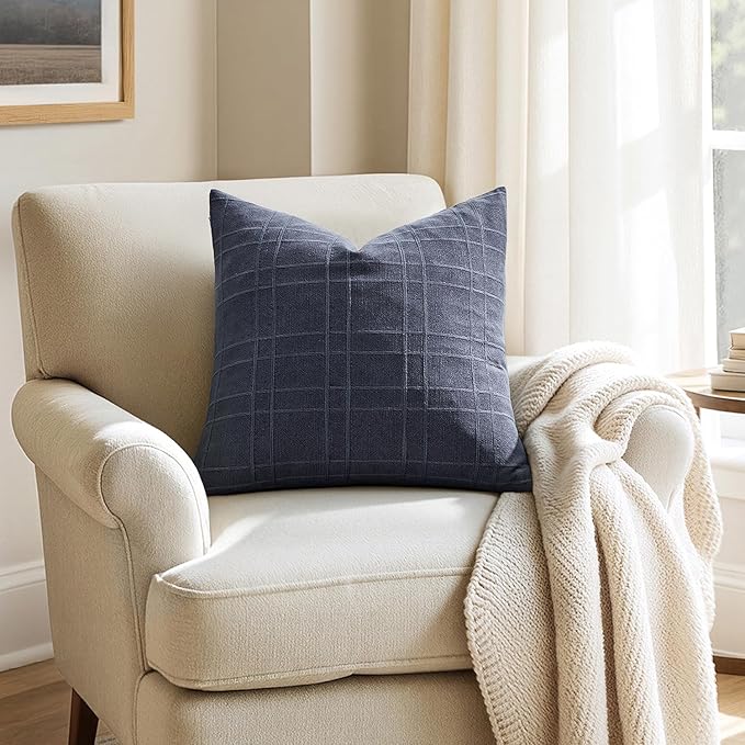 MIULEE Decorative Linen Check Euro Shams Throw Pillow Covers Neutral Farmhouse Vintage Pillow Covers 24x24 Set of 2 Boho Modern Home Decor for Sofa Couch Bedroom Cushion Navy Blue