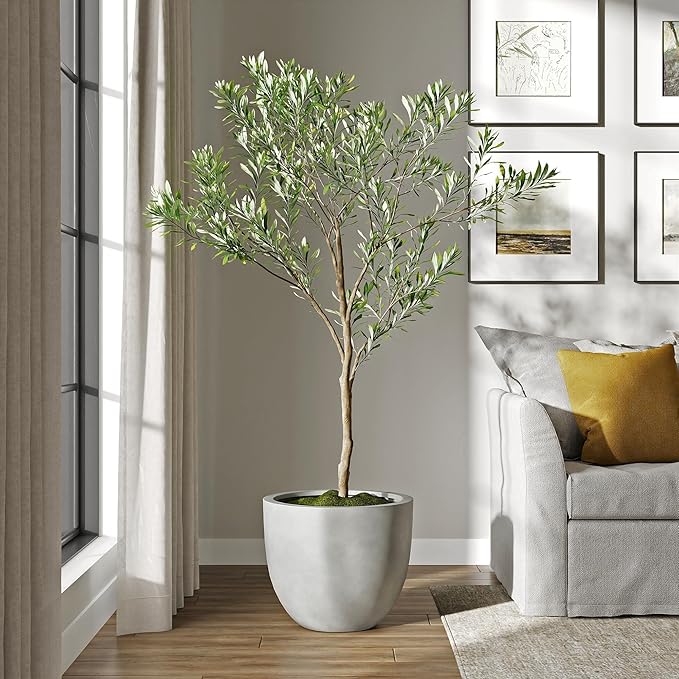 DTY Signature Mount Belford Lightweight and Durable Modern Fiberstone Egg Shaped Planter for Indoor Outdoor Drainage Hole & Rubber Plug Weather Resistant, 15" H x 18" Dia, 15.5" Opening - Large, Gray