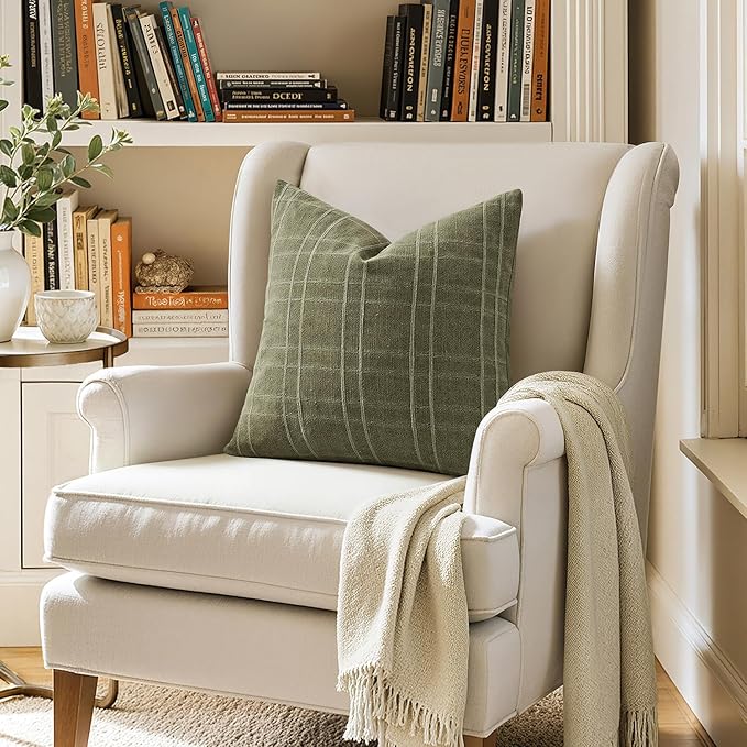 MIULEE Decorative Linen Check Euro Shams Throw Pillow Covers Neutral Farmhouse Vintage Pillow Covers 24x24 Set of 2 Boho Modern Home Decor for Sofa Couch Bedroom Cushion Sage Green