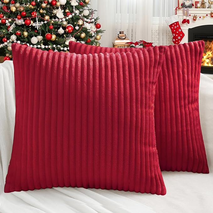 Simmore Decorative Throw Pillow Covers 26x26 Set of 2, Soft Natural Plush Flannel Double-Sided Fluffy Couch Pillow Covers for Sofa Living Room, Red