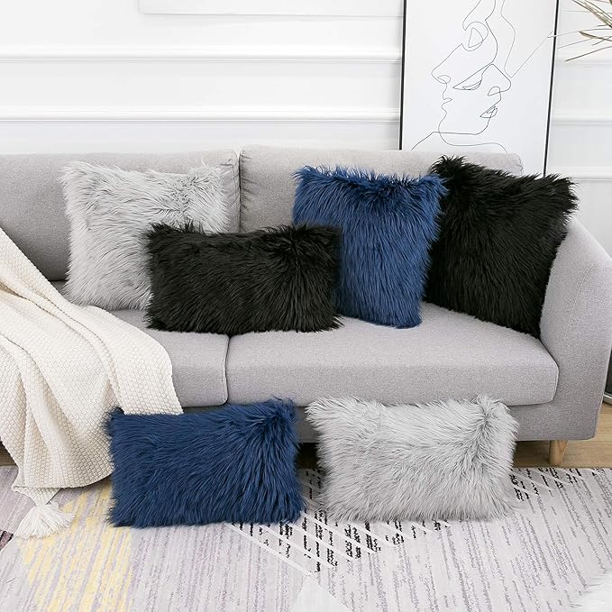 WLNUI Set of 2 Black Halloween Decorative Pillow Covers New Luxury Series Merino Style Faux Fur Fluffy Throw Pillow Covers Square Fuzzy Cushion Case for Sofa Bedroom Living Room Home Decor 18x18 Inch