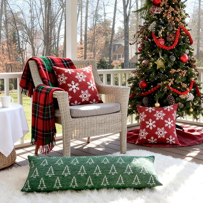 Reversible Christmas Pillow Covers 14x36, Chenille Double-Sided Snowflake & Tree, Cozy Farmhouse Holiday Throw Pillowcases with Hidden Zipper for Sofa, Couch and Bed(Green,36x14)