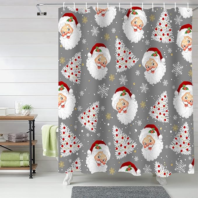 Grey Christmas Shower Curtain, Santa Claus Merry Christmas Tree Shower Curtains Set with Hooks, Winter Snowflake Waterproof Fabric Bathroom Curtains Decor Home Accessories, Stall Long 54 X 78 Inch