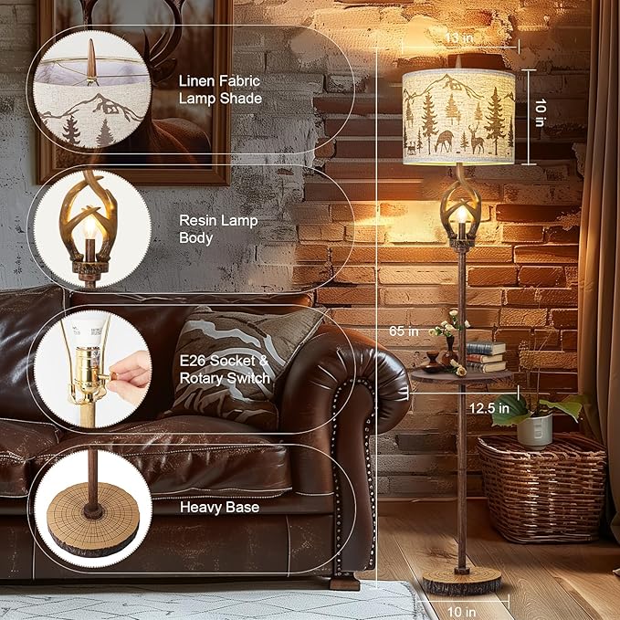 Vintage Deer Antlers Floor Lamps for Living Room with Night Light, Rustic Tall Lamp Decor for Bedroom with Metal Tray. Farmhouse Standing Lamp for Home Office Study Restaurant (Bulb Included)