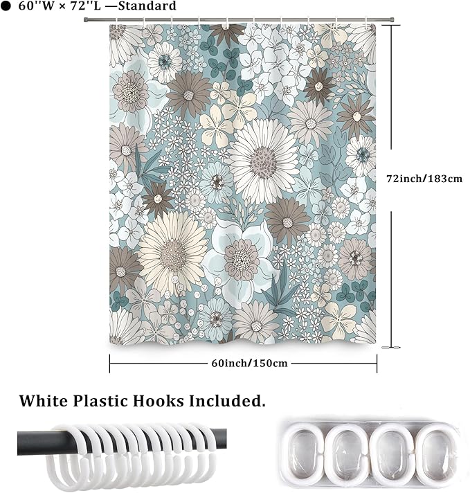 Floral Shower Curtain Rustic Various Floral Plant Curtain for Bathroom Tropical Botanical Farmhouse Waterproof Decor Shower Curtain with Hooks 60x72Inch