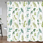 Green Leaves Shower Curtain, Watercolor Plant Floral Eucalyptus Leaf Bathroom Shower Curtain Sets, Botanical Decor Rustic Nature Art Boho Fabric Bath Curtain with Hooks 72x72 Inch