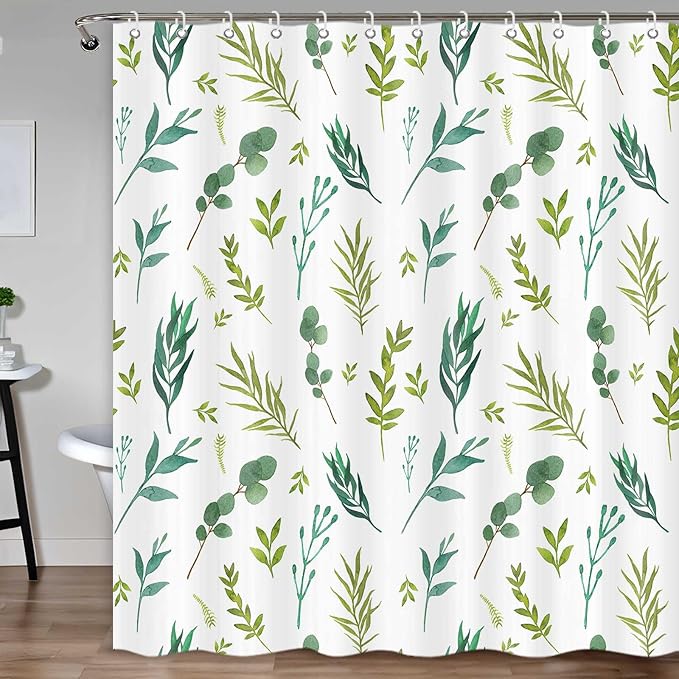 Green Leaves Shower Curtain, Watercolor Plant Floral Eucalyptus Leaf Bathroom Shower Curtain Sets, Botanical Decor Rustic Nature Art Boho Fabric Bath Curtain with Hooks 72x72 Inch