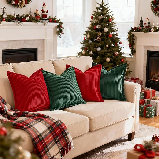Mecatny Christmas Corduroy Throw Pillow Covers 18x18 Set of 2, Neutral Decorative Soft Boho Couch Pillow Covers with Broadside for Sofa Living Room, Christmas Green