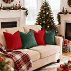 Mecatny Christmas Corduroy Throw Pillow Covers 18x18 Set of 2, Neutral Decorative Soft Boho Couch Pillow Covers with Broadside for Sofa Living Room, Christmas Red