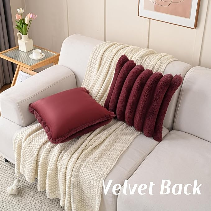 FUTEI Burgundy Decorative Throw Pillow Covers 26x26 Inch Set of 2, Square Soft Faux Rabbit Fur Big Striped Pillow Sham,Home Decor for Couch Sofa Bed Living Room
