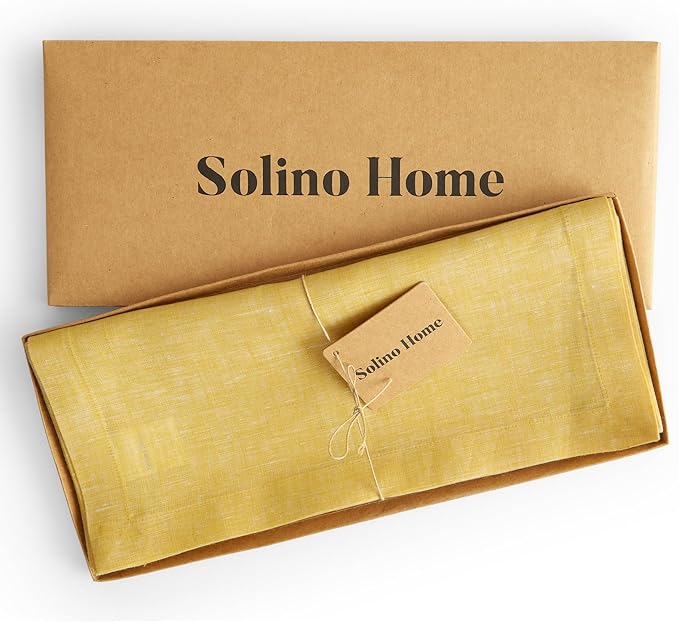 Solino Home Linen Table Runner 120 Inches Long - Athena, 100% Pure Linen Chambray Lemon Yellow 14 x 120 Inch Table Runner