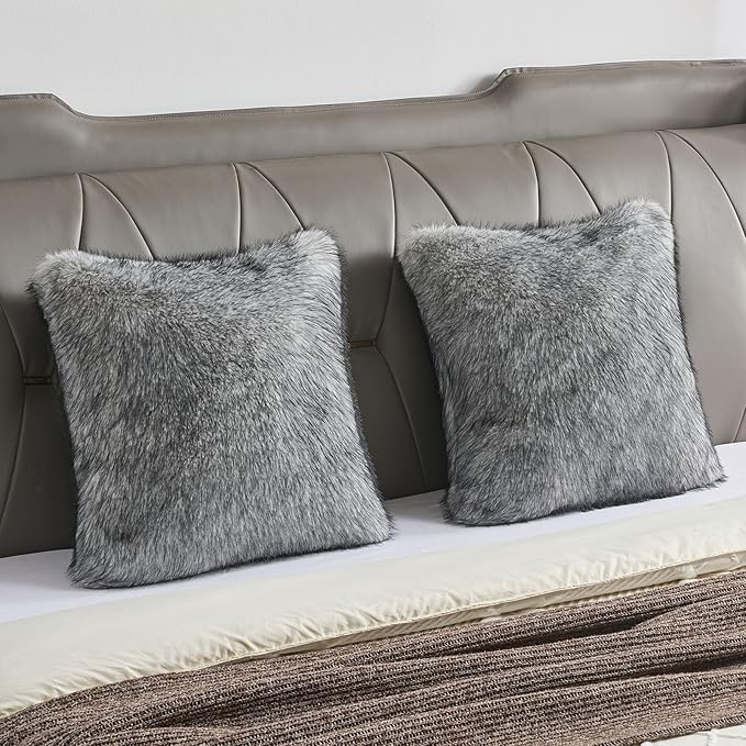 FUTEI Grey Decorative Throw Pillow Covers 18x18 Inch Set of 2,Soft Faux Raccoon Fur Textured Cushion Case,Modern Home Luxurious Decor for Couch Bed Living Room