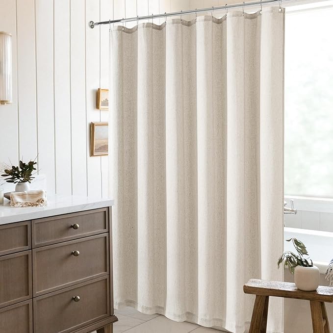 Extra Long Linen Shower Curtain 84 Inch Long Neutral Greige Tan Bath Shower Curtain Set with Hooks XLong Tall Country Farmhouse Boho Drapes for Bathroom, Greyish Beige, 72x84 Drapes