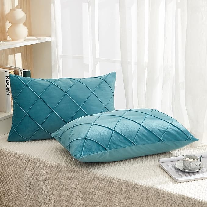 JAUXIO Diamond Pinch Pleated Crystal Velvet Pillowcases 2 Pack Solid Pintuck Throw Cushion Cover for Home Decor Hidden Zipper Closure (Teal Blue, Standard)