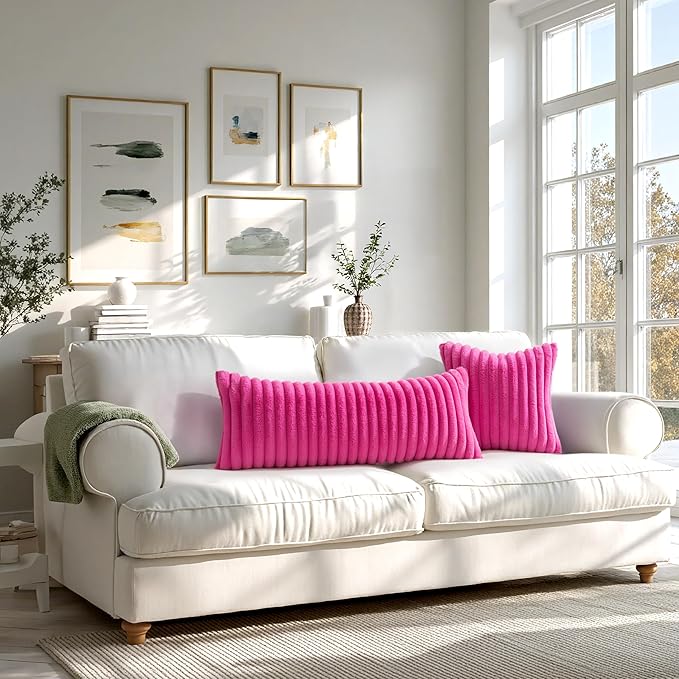 MIULEE Faux Fur Decorative Throw Pillow Covers 20x20 Inch Set of 2, Retro Vintage Boho Home Decor Soft Plush Couch Pillows Cozy Fluffy Cushion Covers for Sofa Bed Hot Pink