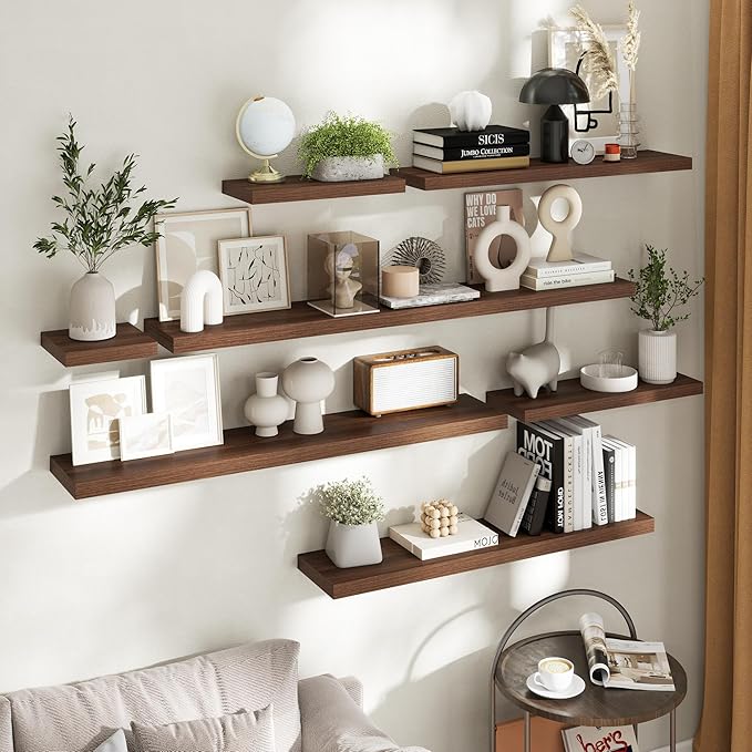Floating Shelves for Wall with Invisible Brackets, Wall Mounted Engineered Wood Shelves with Wood Grain for Living Room, Bedroom, Bathroom, Kitchen Decor and Storage, Oak, 24"L Set of 2, Walnut