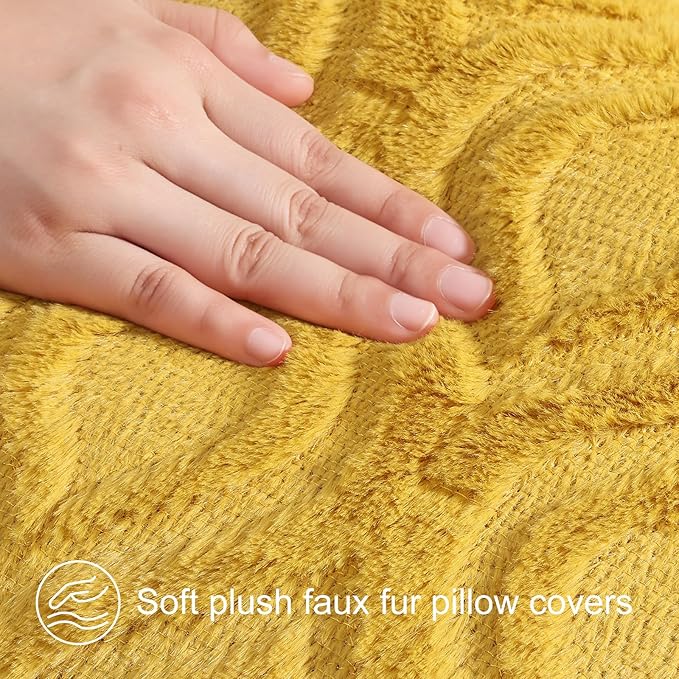decorUhome Throw Pillow Covers 18x18 Inch Set of 2, Soft Plush Decorative Faux Fur Mustard Yellow Solid Couch Pillow Covers, Accent Farmhouse Neutral Square Euro Pillow Cases for Sofa Bed Living Room